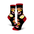 A pair of black crew socks with colorful pie and pie slice designs. Red accents at the cuff.