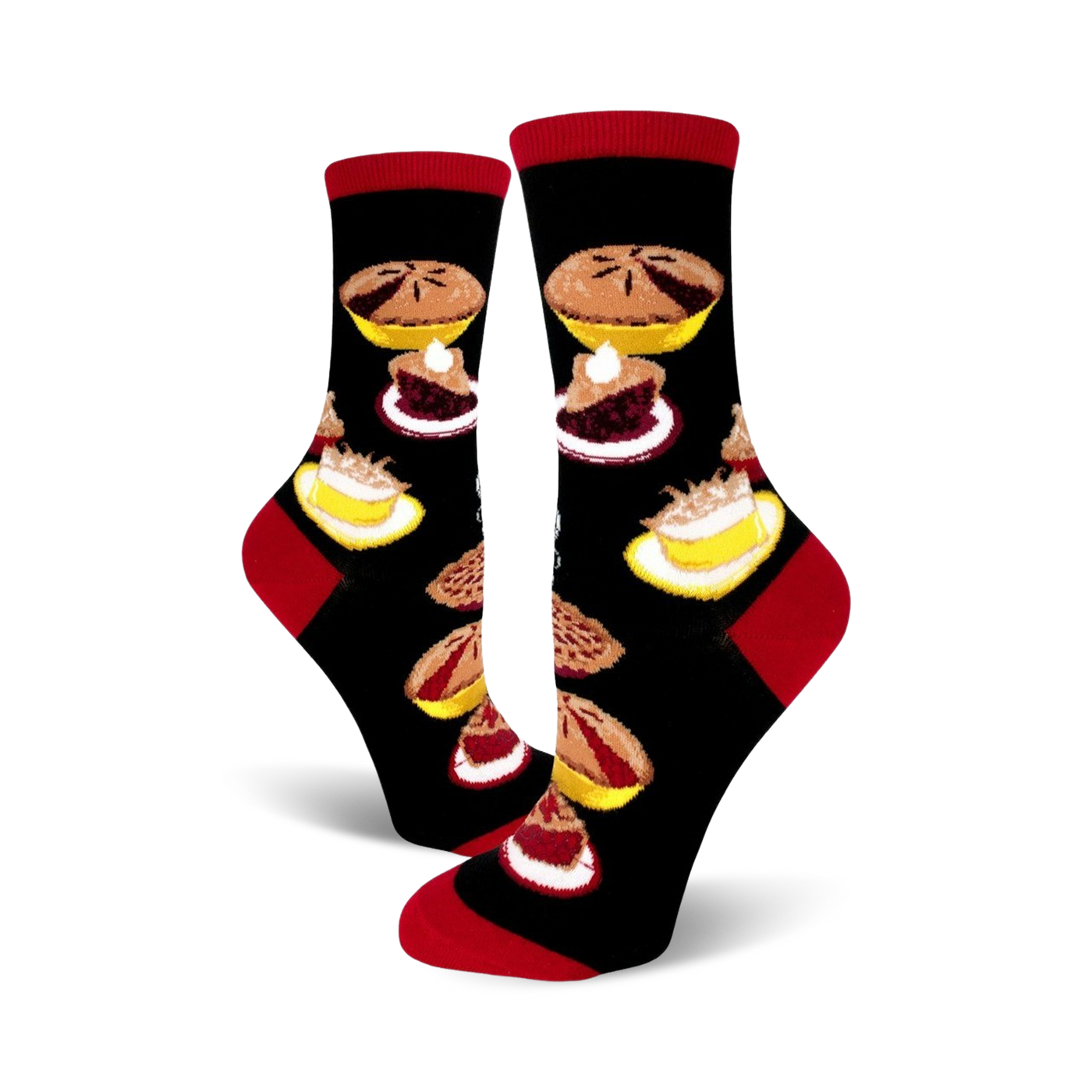 A pair of black crew socks with colorful pie and pie slice designs. Red accents at the cuff.