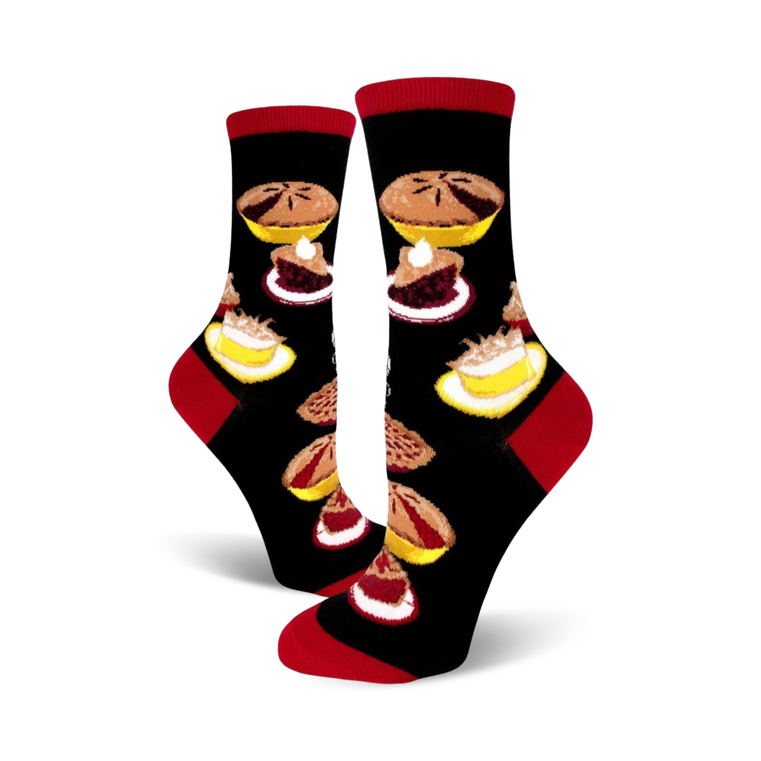 A pair of black crew socks with colorful pie and pie slice designs. Red accents at the cuff.