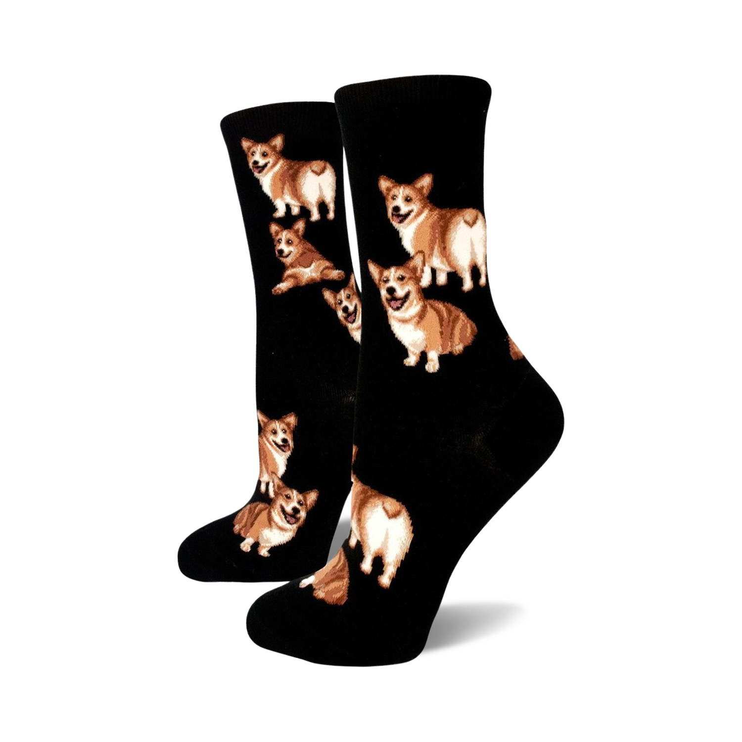 Pair of black crew socks adorned with multiple images of brown and white corgis in different poses, including some showcasing their fluffy butts.