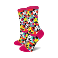 Crew socks featuring a Pop Art design of smiling pitbulls in bright colors like pink, yellow, and blue on a white background.