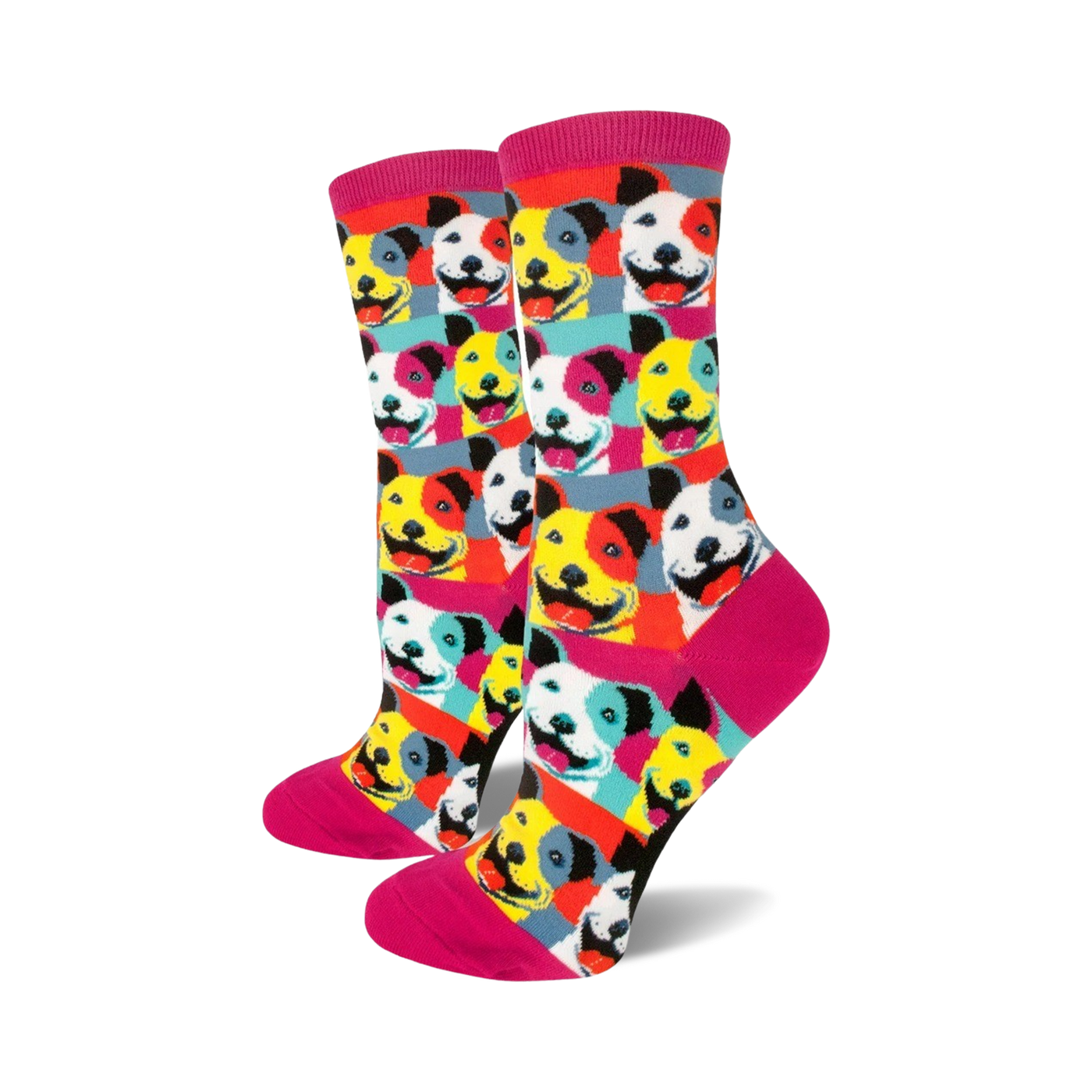 Crew socks featuring a Pop Art design of smiling pitbulls in bright colors like pink, yellow, and blue on a white background.