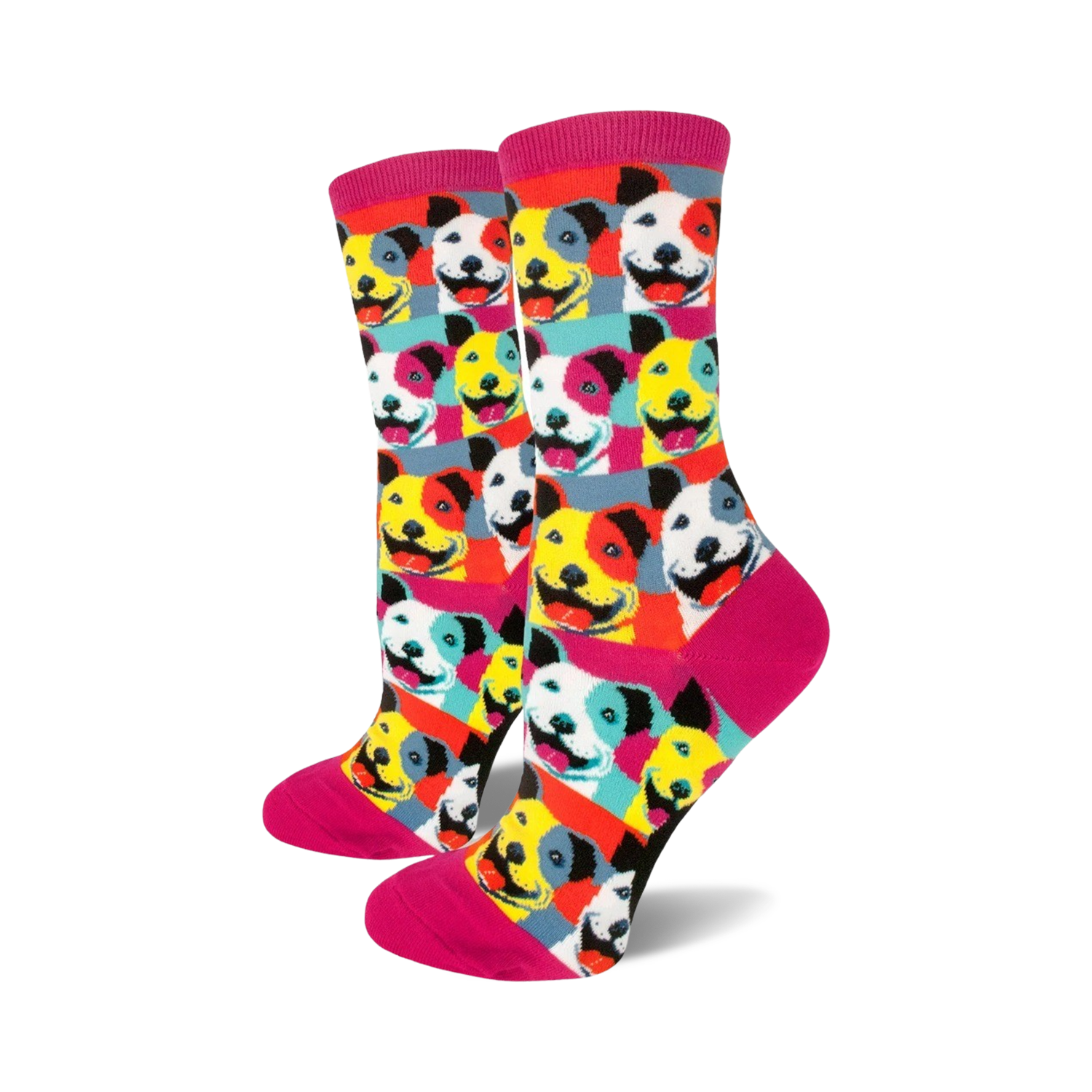 Crew socks featuring a Pop Art design of smiling pitbulls in bright colors like pink, yellow, and blue on a white background.