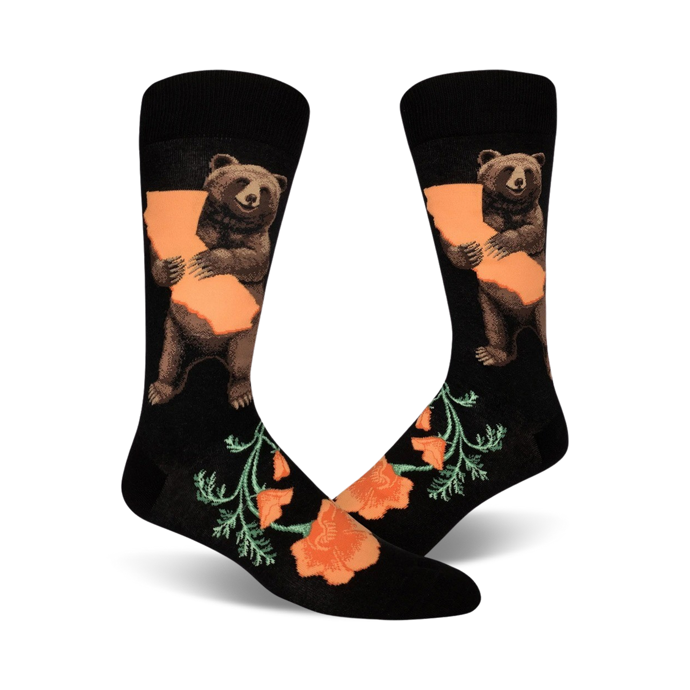 Crew socks in black featuring a brown bear hugging a California-shaped orange outline, accented by orange California poppies.