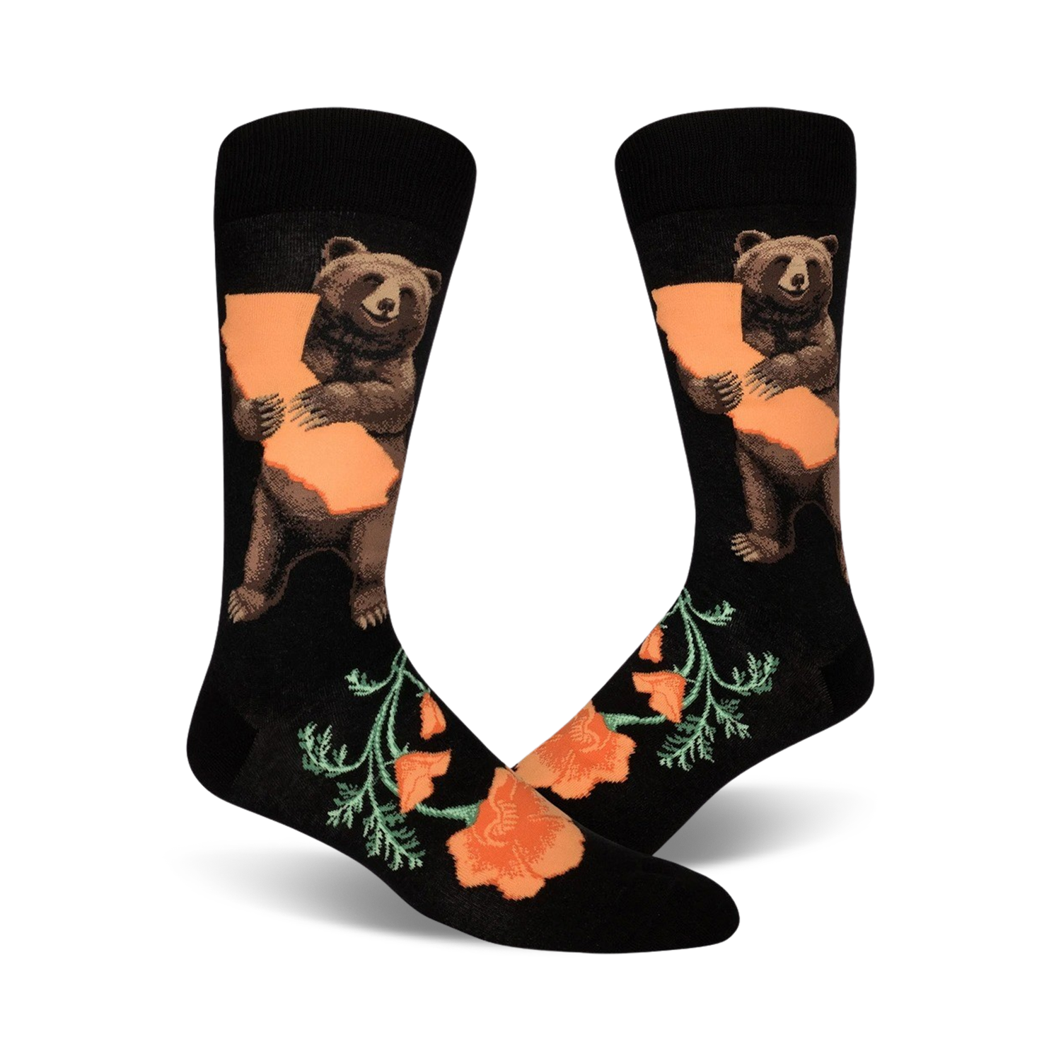 Crew socks in black featuring a brown bear hugging a California-shaped orange outline, accented by orange California poppies.