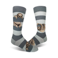 Pair of crew socks in blue and gray stripes.  Adorable sloths peek from behind the stripes. 