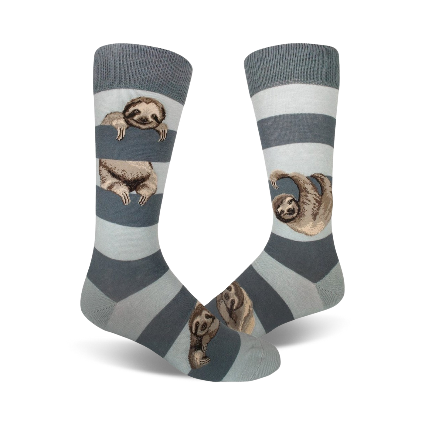 Pair of crew socks in blue and gray stripes.  Adorable sloths peek from behind the stripes. 