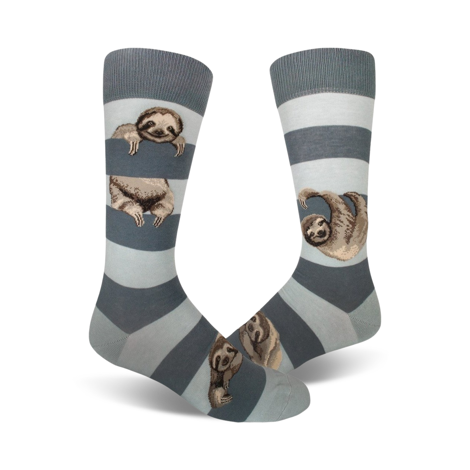 Pair of crew socks in blue and gray stripes.  Adorable sloths peek from behind the stripes. 