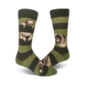 Lifestyle shot: Sloth Stripe socks in olive green and dark green stripes shown on a model's feet.