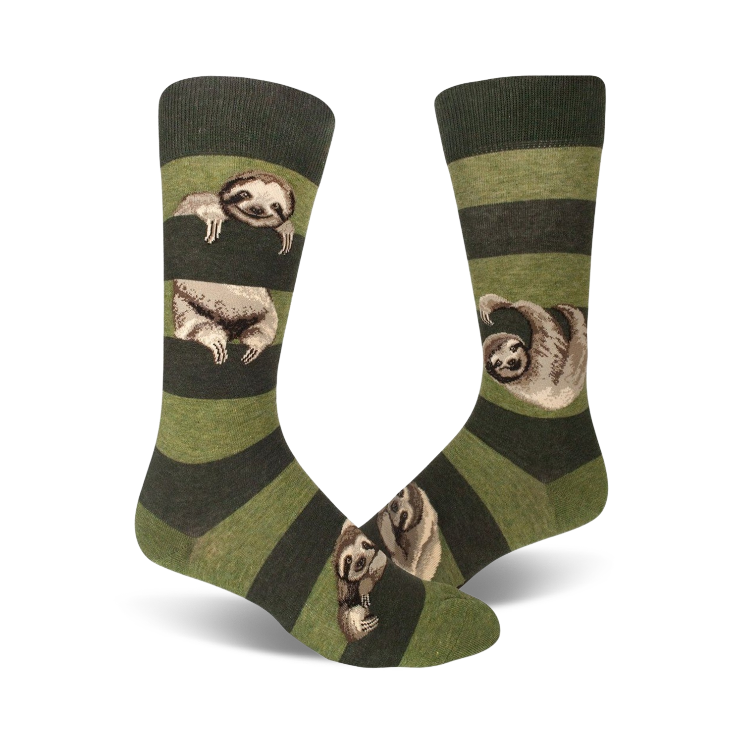 Lifestyle shot: Sloth Stripe socks in olive green and dark green stripes shown on a model's feet.