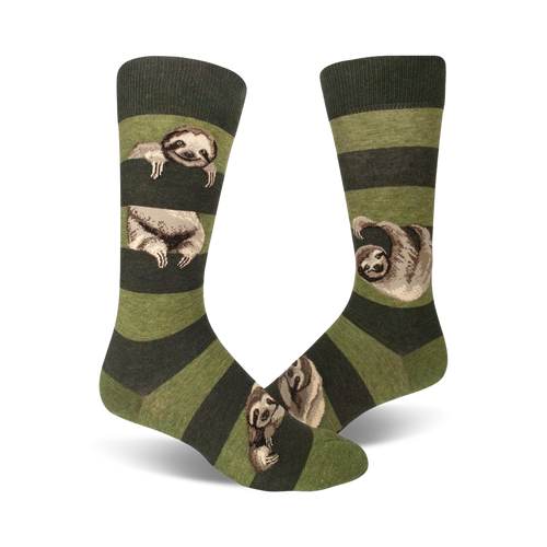 Lifestyle shot: Sloth Stripe socks in olive green and dark green stripes shown on a model's feet.