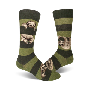 dark olive and light olive men's crew socks showcase a fun, cartoonish pattern of sloths in various poses, each sportin' a colorful hat.   