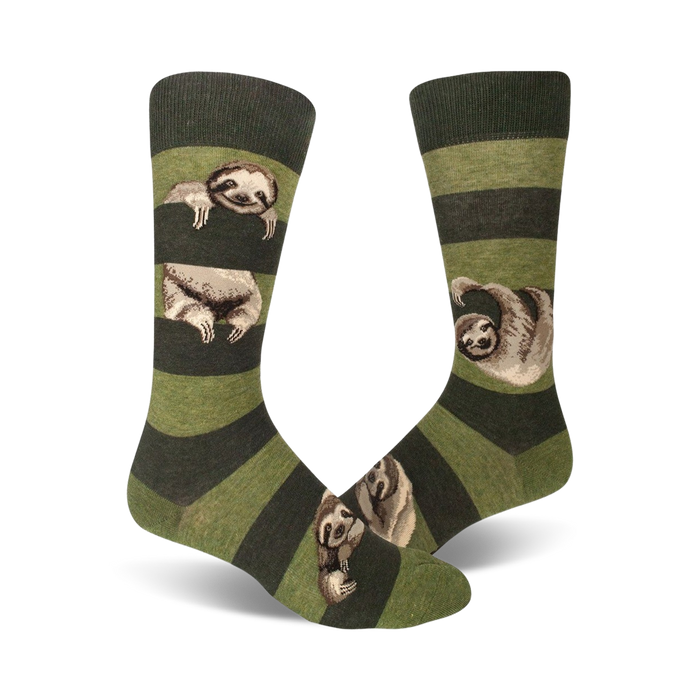 dark olive and light olive men's crew socks showcase a fun, cartoonish pattern of sloths in various poses, each sportin' a colorful hat.   
