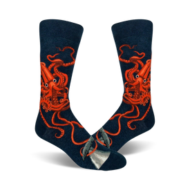 dark blue crew socks with orange octopus attacking sperm whale pattern.  