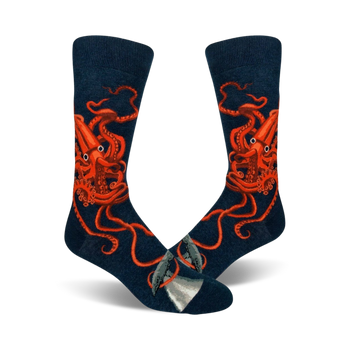 dark blue crew socks with orange octopus attacking sperm whale pattern.  