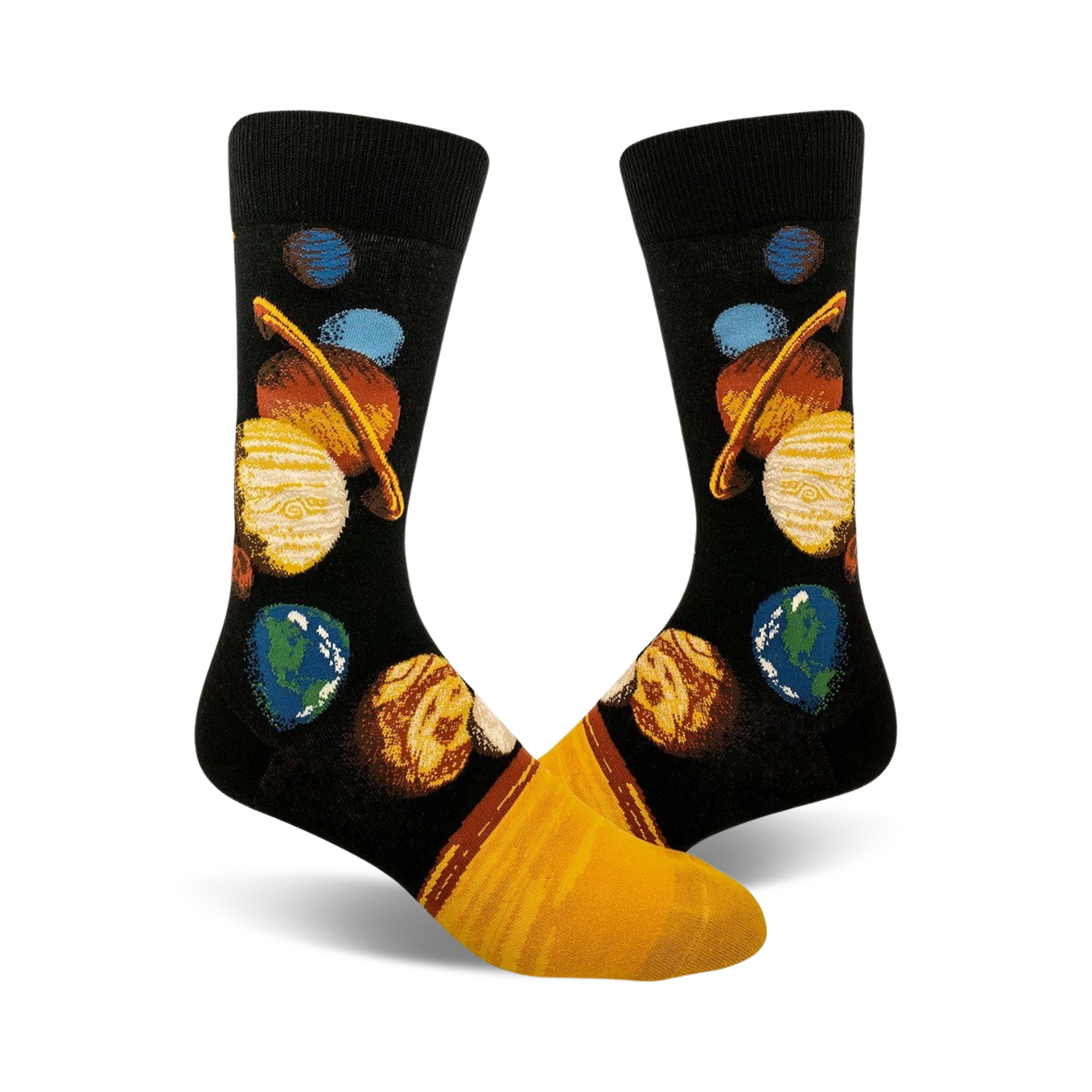 A pair of crew socks with a black background displaying a colorful illustration of the planets in our solar system. Yellow accents at the bottom.