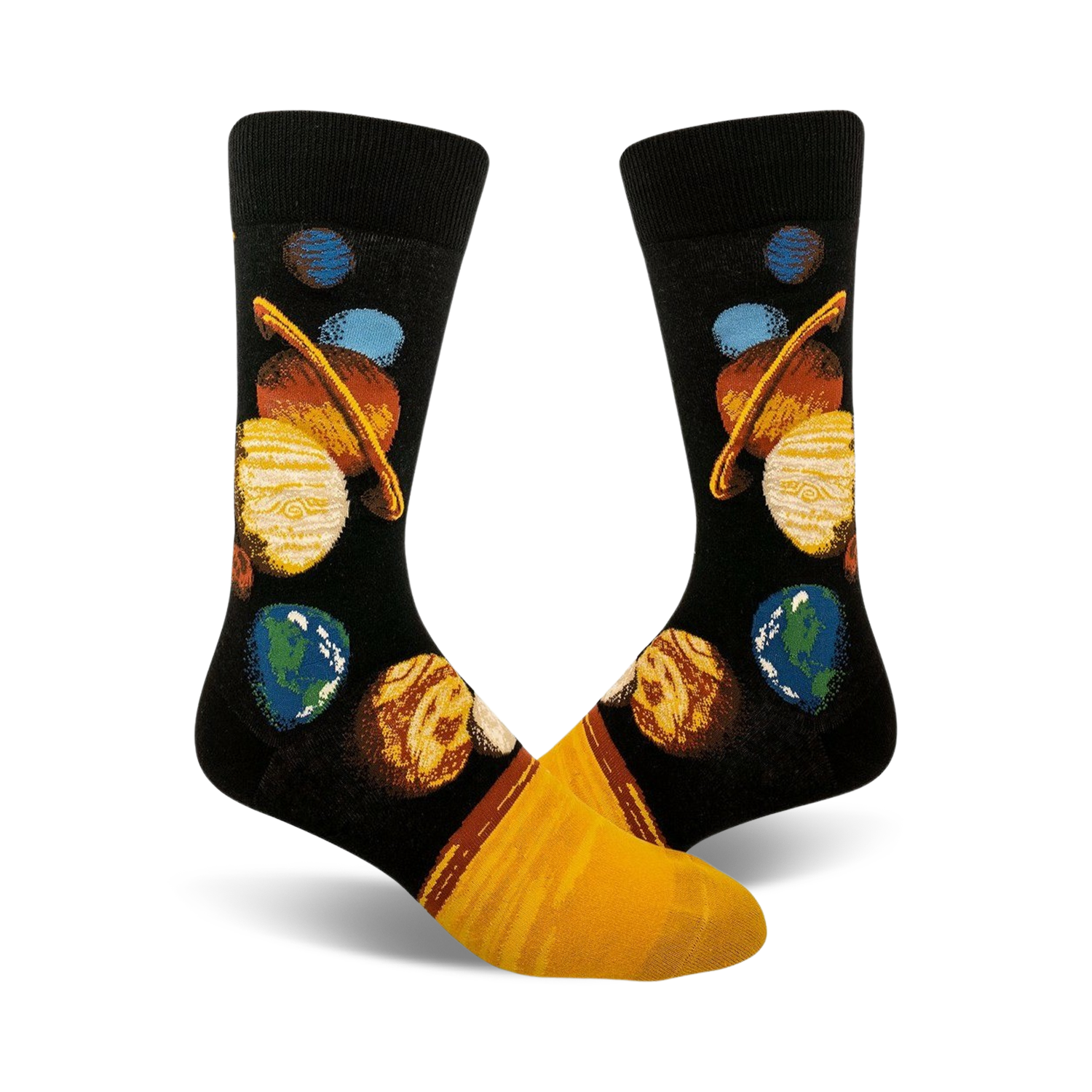 A pair of crew socks with a black background displaying a colorful illustration of the planets in our solar system. Yellow accents at the bottom.