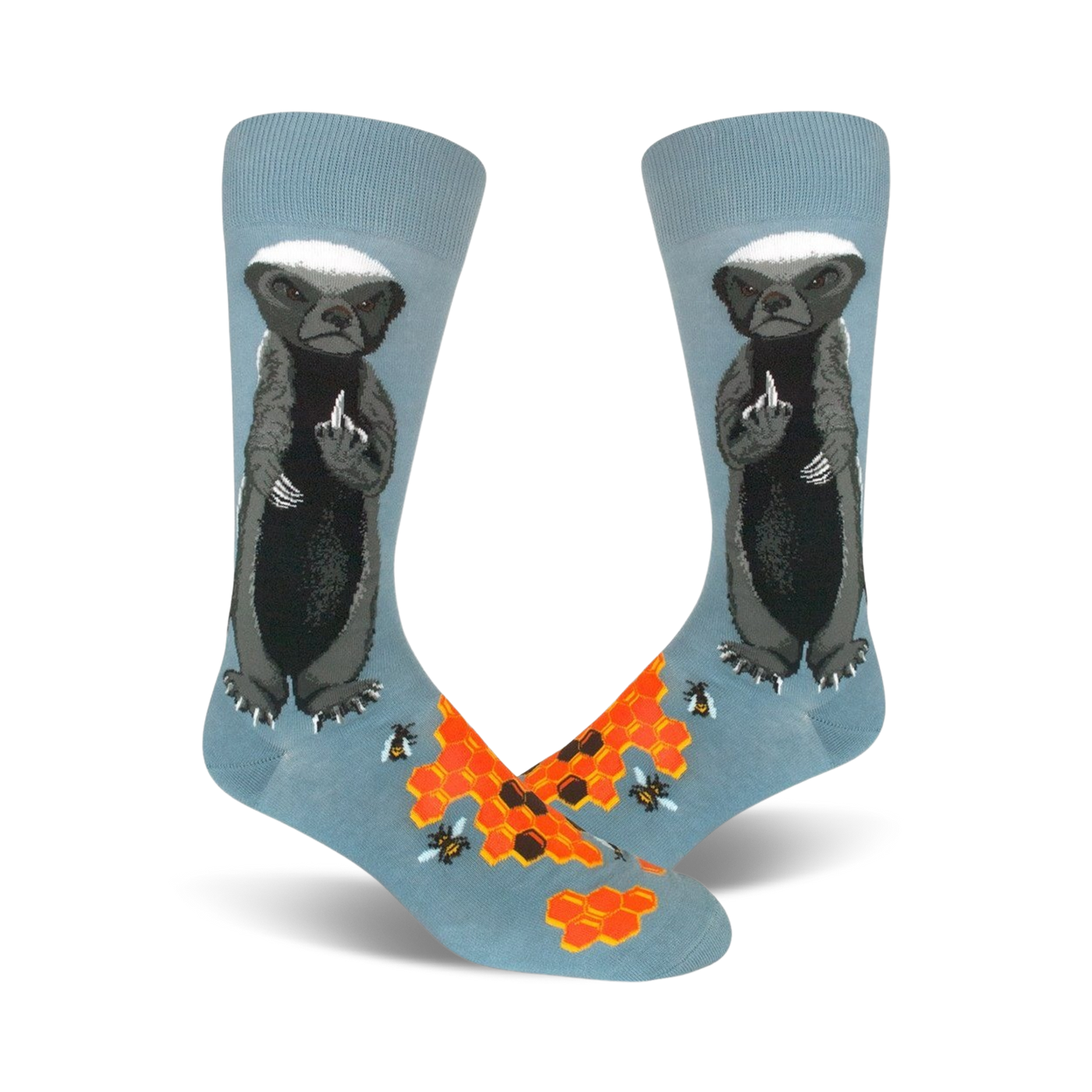 Pair of crew socks; light blue with a honey badger giving the middle finger, honeycomb, and bees illustrated.
