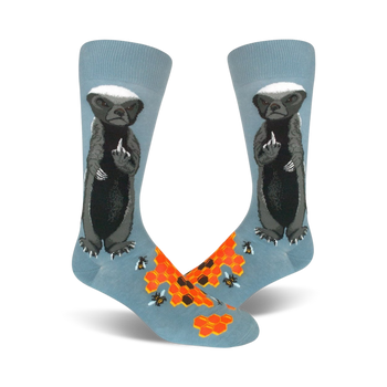 mens blue crew socks featuring cartoon honey badgers with raised middle finger, bees, beehives.  