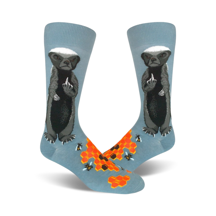 mens blue crew socks featuring cartoon honey badgers with raised middle finger, bees, beehives.  