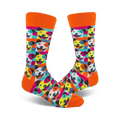 Crew socks with an orange cuff featuring a Pop Art design of smiling pitbulls in bright pink, blue, yellow, and white.