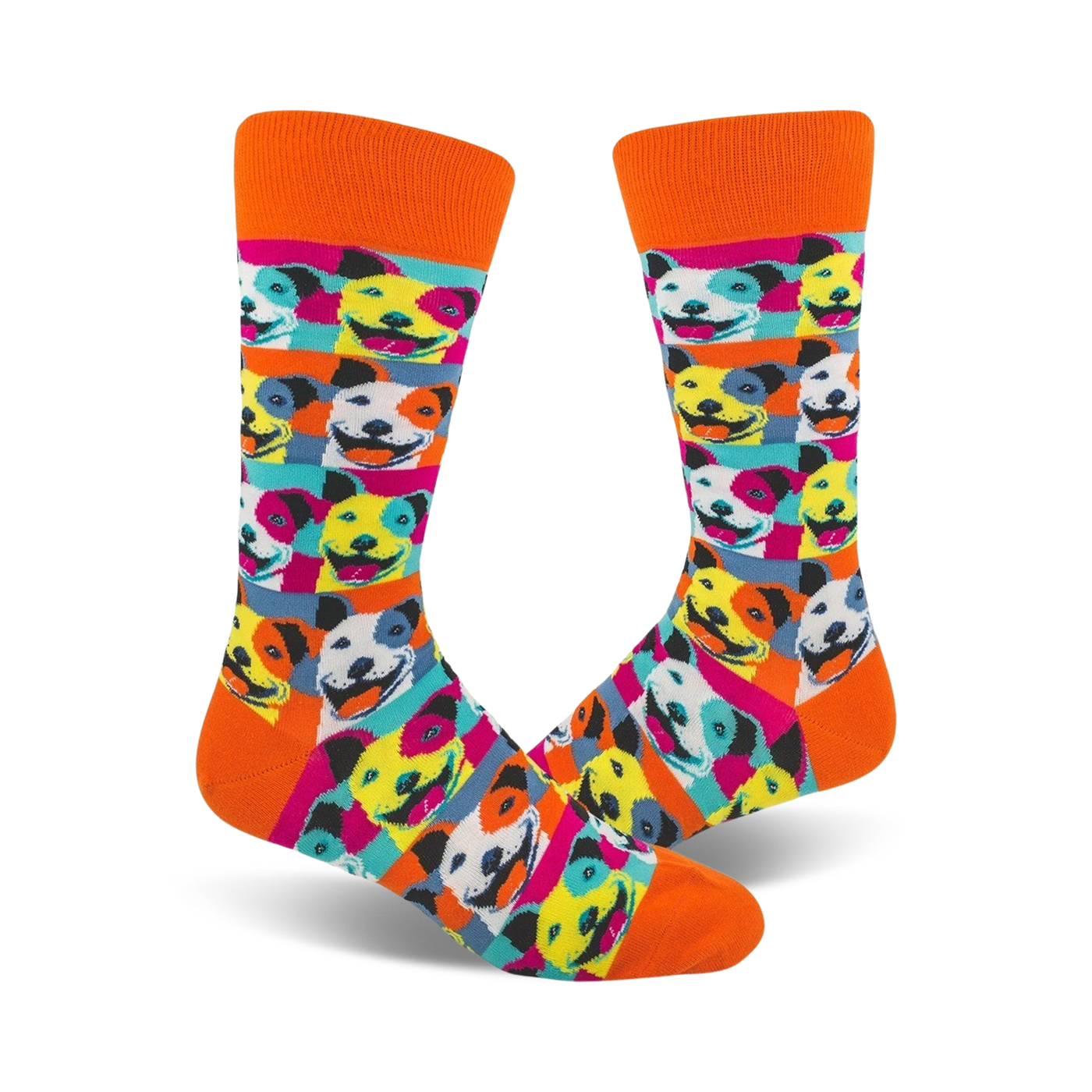 Crew socks with an orange cuff featuring a Pop Art design of smiling pitbulls in bright pink, blue, yellow, and white.