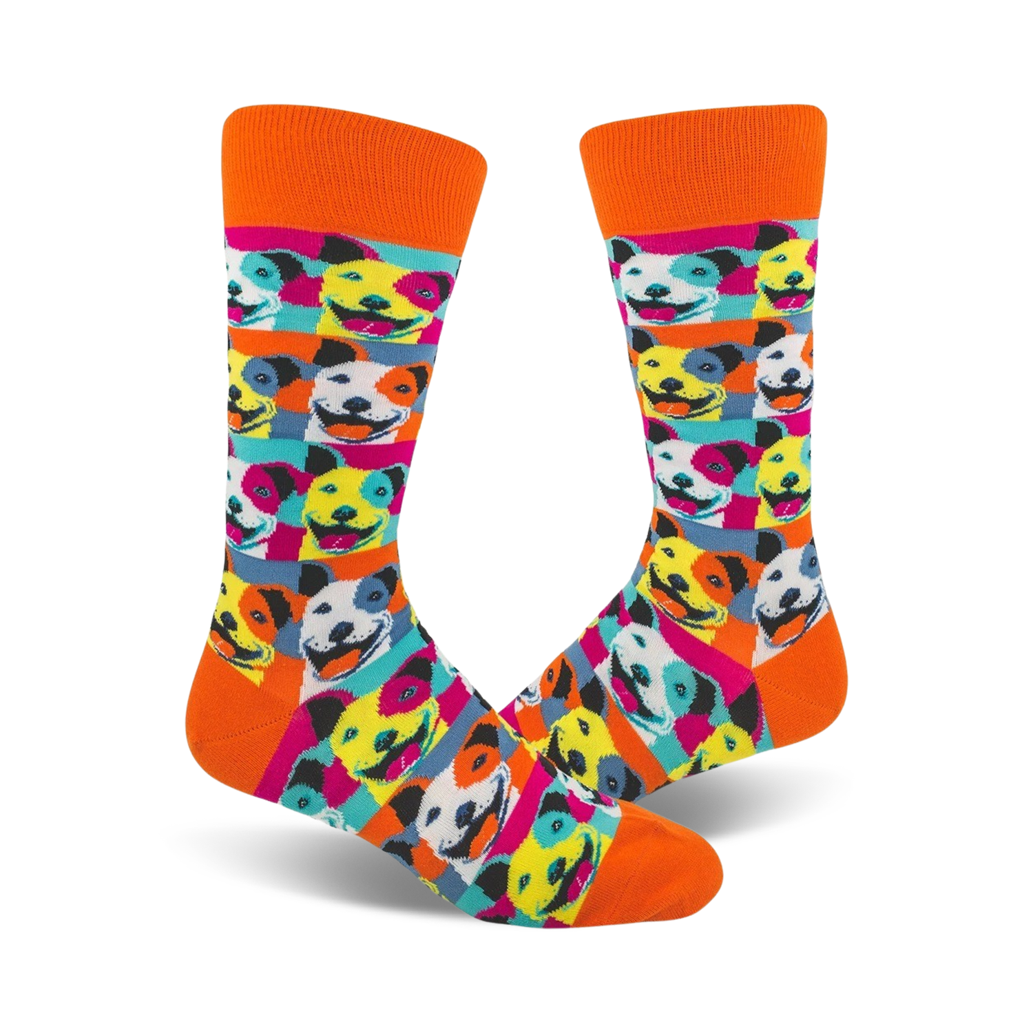 Crew socks with an orange cuff featuring a Pop Art design of smiling pitbulls in bright pink, blue, yellow, and white.