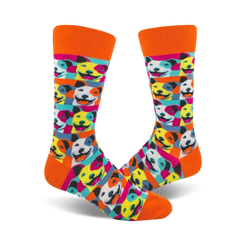 mens crew socks featuring an allover pattern of multicolored pitbull faces in a pop art style.  
