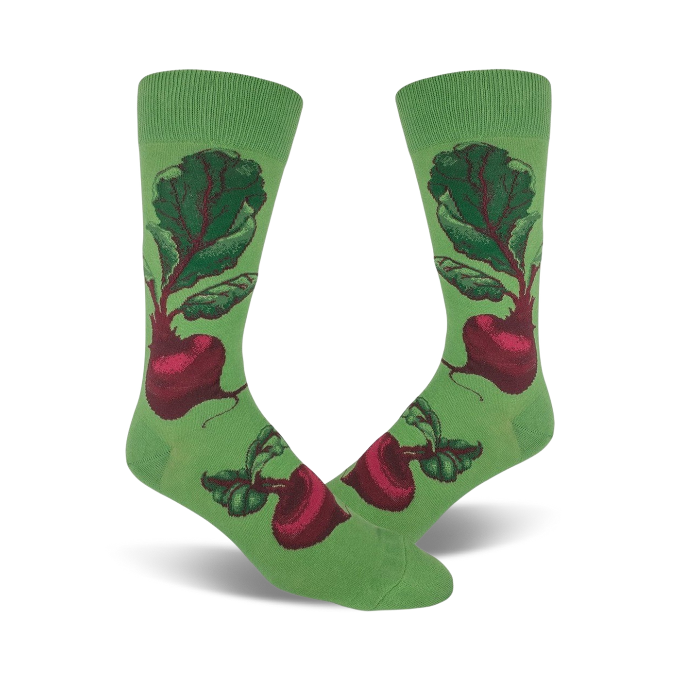 A pair of crew socks showcasing a whimsical illustration of red beets on a green background. The beets are detailed and vibrant against the soft green fabric.