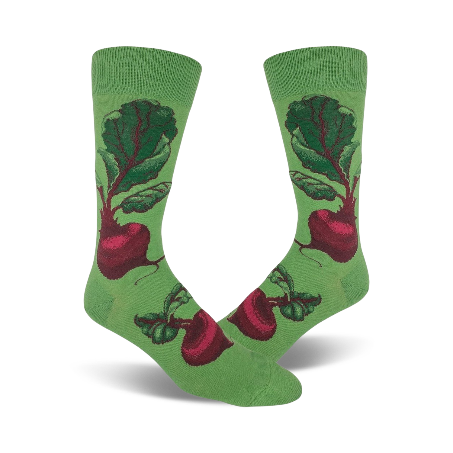 A pair of crew socks showcasing a whimsical illustration of red beets on a green background. The beets are detailed and vibrant against the soft green fabric.