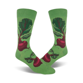 mens crew socks with green background, red beet pattern, green leaves, brown stems  