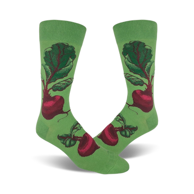 mens crew socks with green background, red beet pattern, green leaves, brown stems  