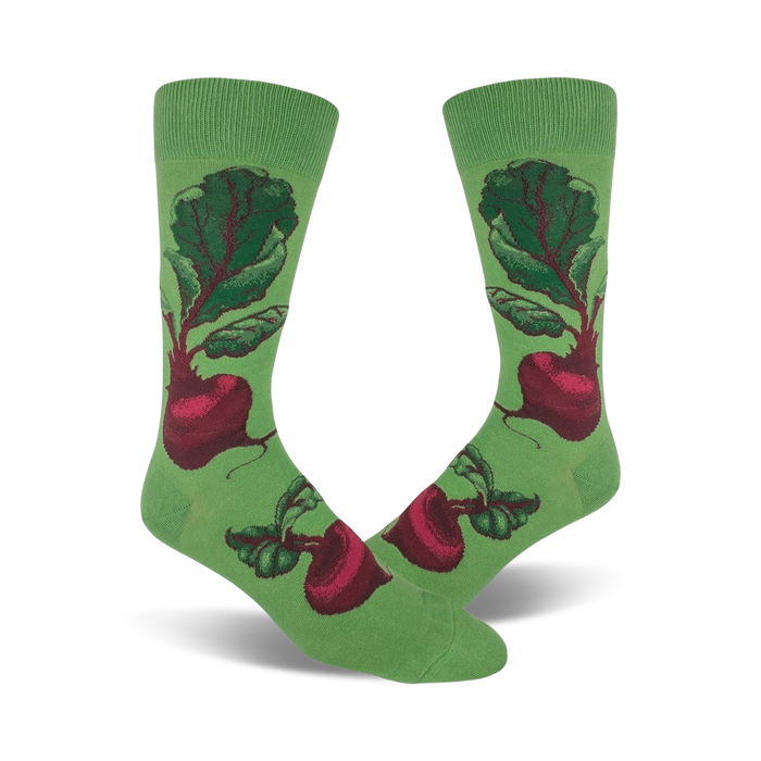 mens crew socks with green background, red beet pattern, green leaves, brown stems   }}