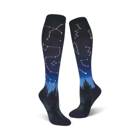 knee-high women's constellations socks: starry night sky and forest pattern  