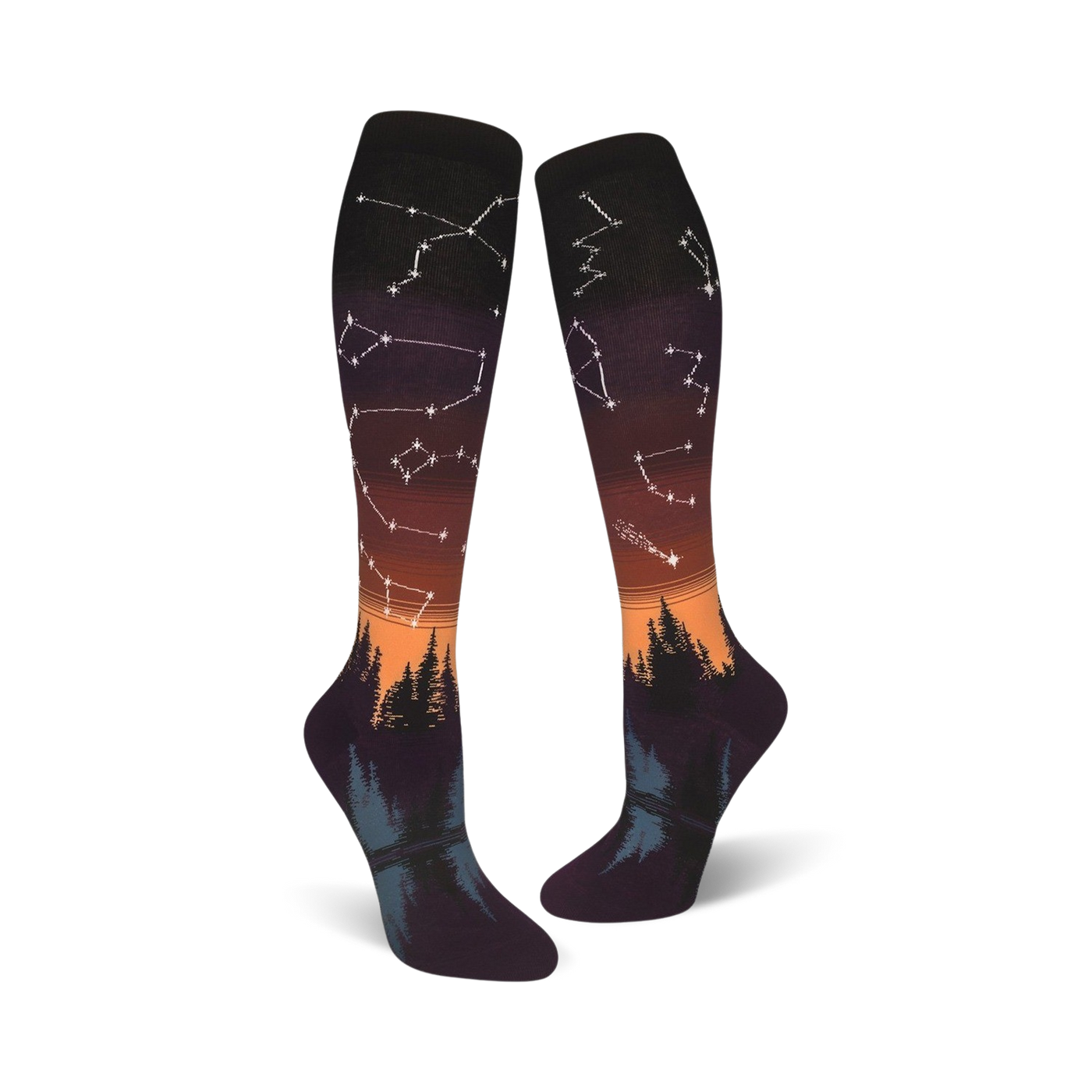Lifestyle shot: A person's feet wearing the orange and purple Constellations socks with the design visible.