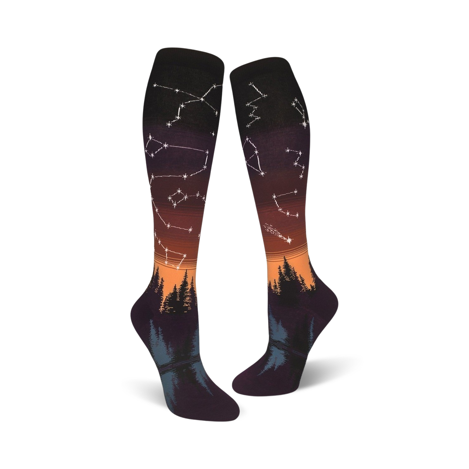 Lifestyle shot: A person's feet wearing the orange and purple Constellations socks with the design visible.