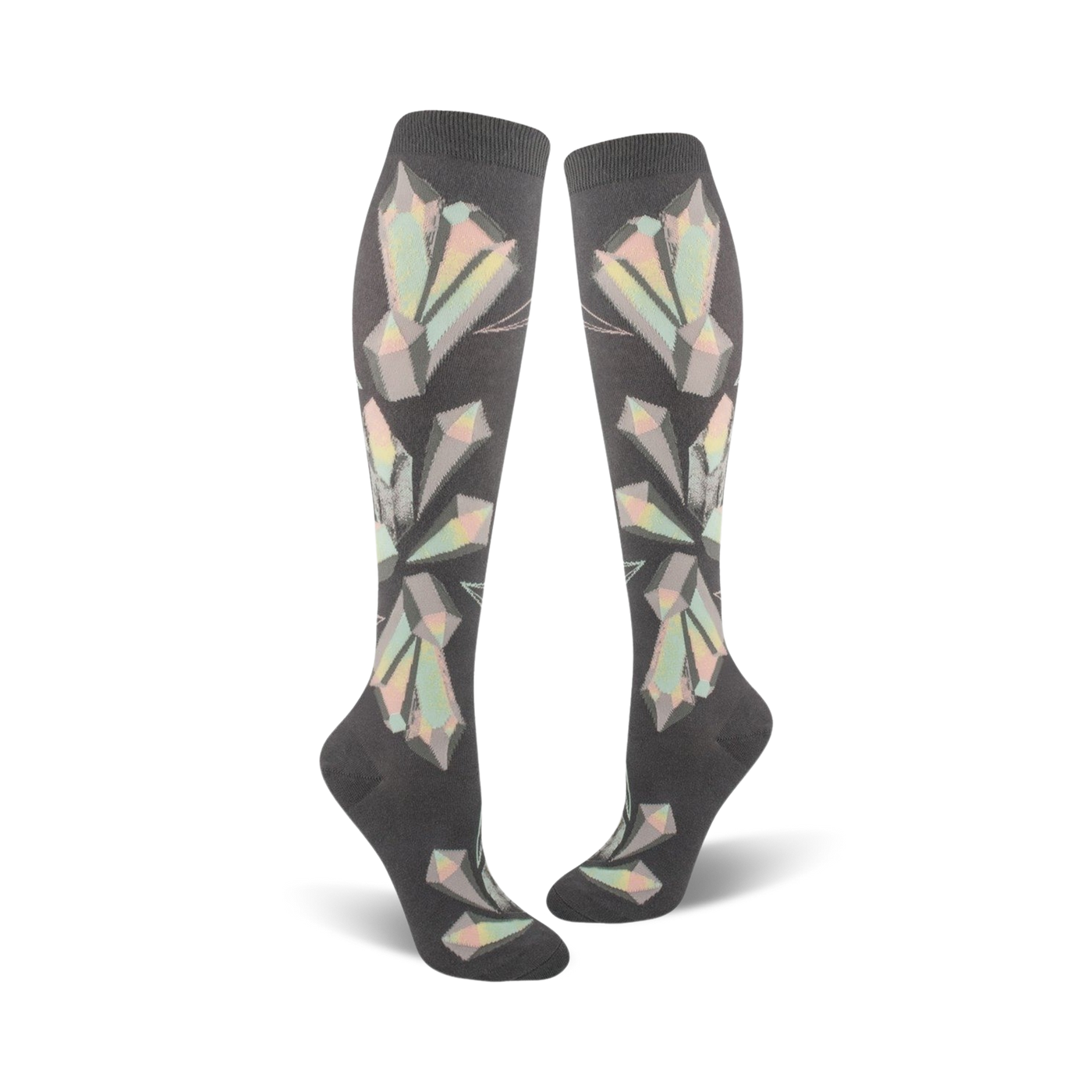 Pair of women's knee-high socks in dark grey with a pastel geometric crystal pattern.  The crystals are iridescent, creating a shimmering effect.