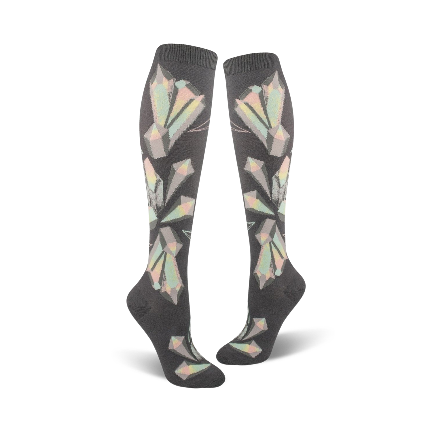 Pair of women's knee-high socks in dark grey with a pastel geometric crystal pattern.  The crystals are iridescent, creating a shimmering effect.