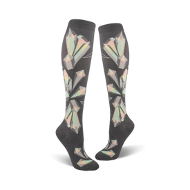women's crystal-printed knee-high socks with a dark gray background in multi-colored crystals.   