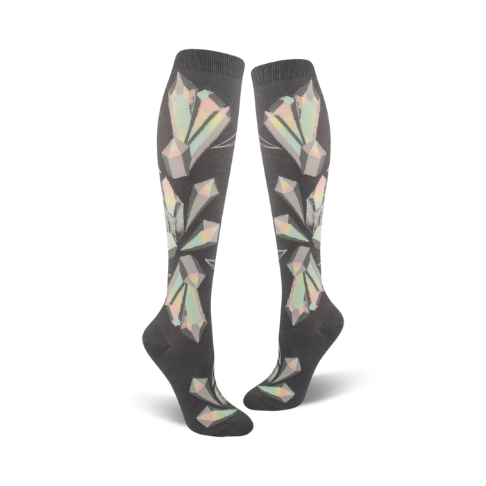 women's crystal-printed knee-high socks with a dark gray background in multi-colored crystals.    }}
