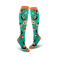 Pair of teal knee-high socks with a fun sushi print. The socks feature various types of sushi, including maki and nigiri, with orange accents.