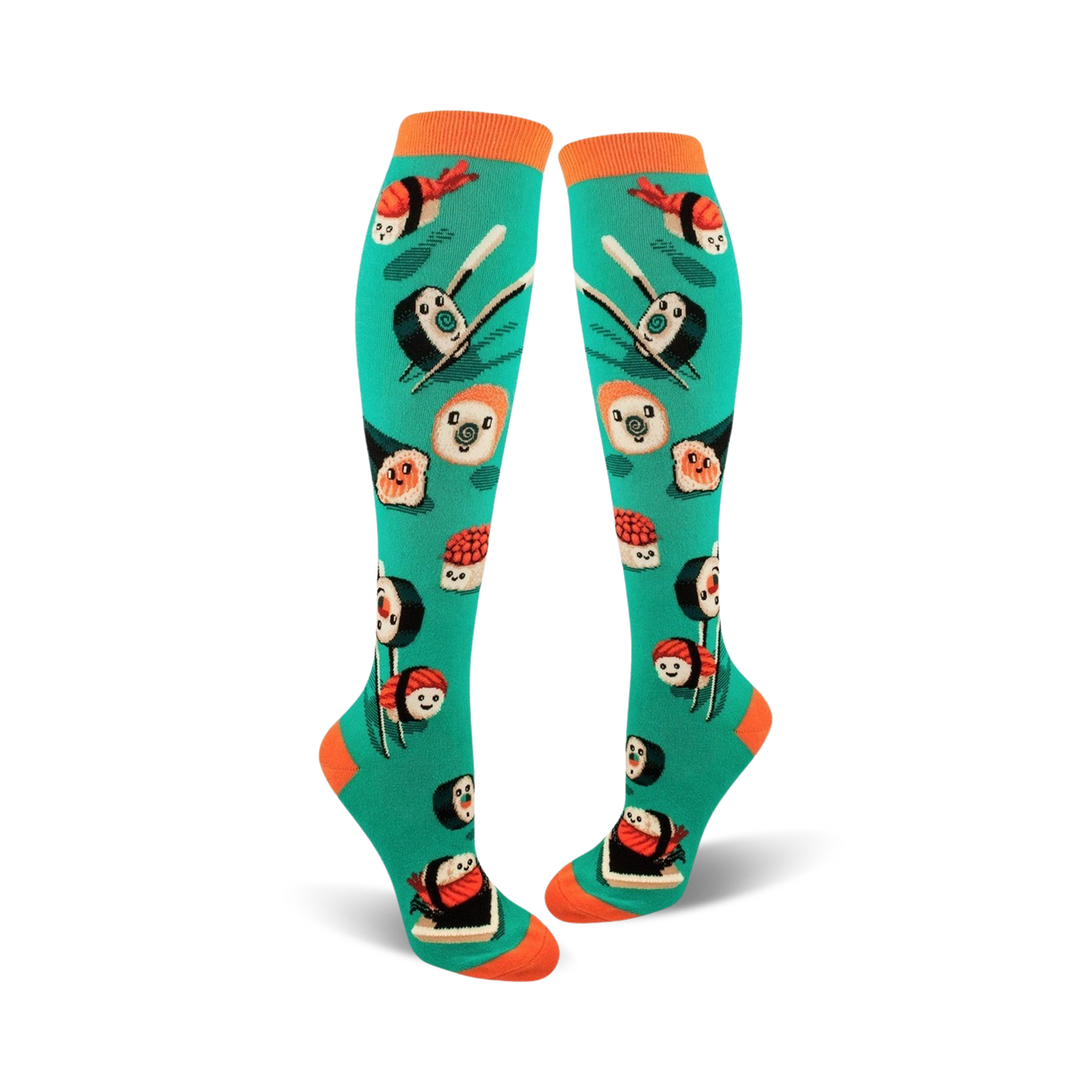 Pair of teal knee-high socks with a fun sushi print. The socks feature various types of sushi, including maki and nigiri, with orange accents.