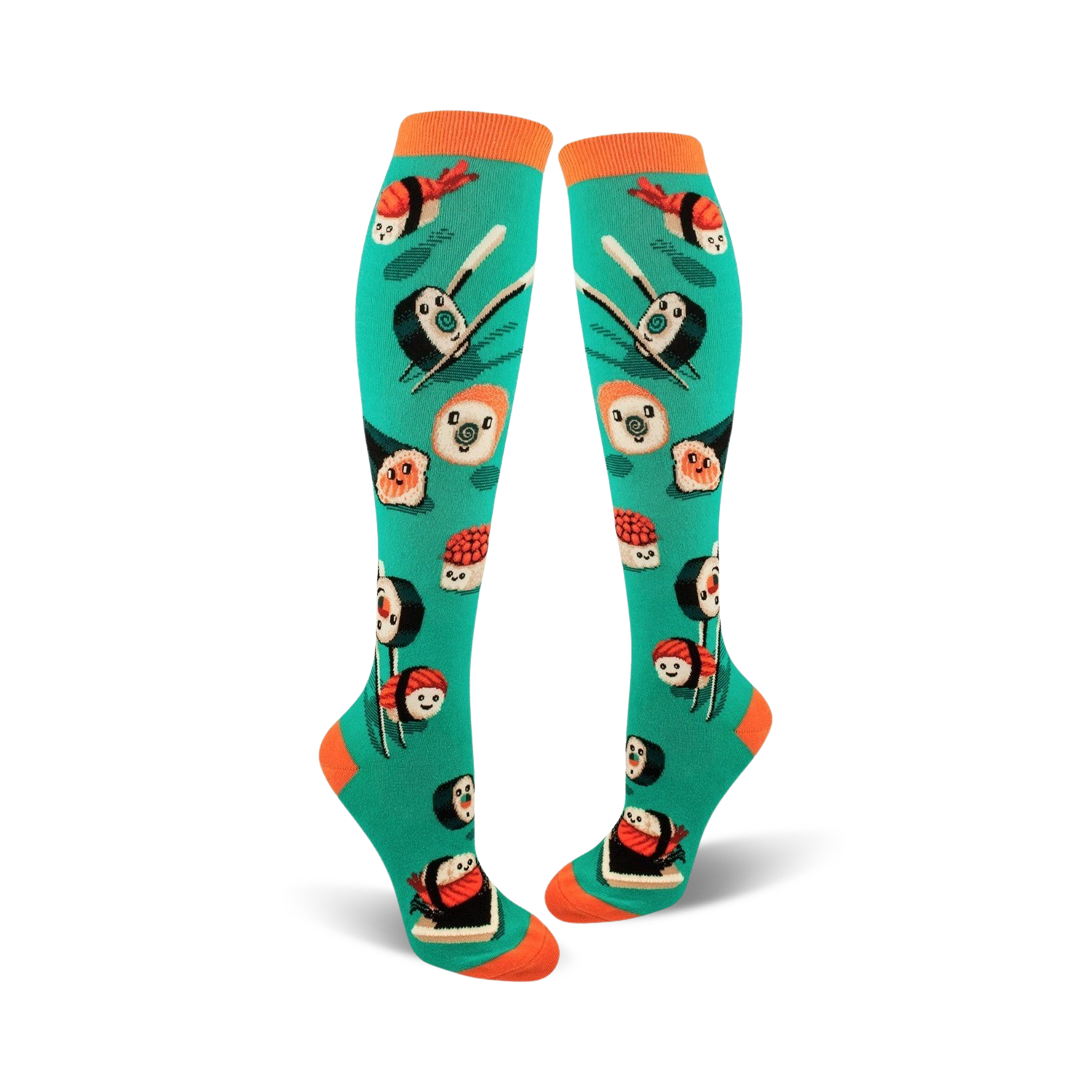 Pair of teal knee-high socks with a fun sushi print. The socks feature various types of sushi, including maki and nigiri, with orange accents.