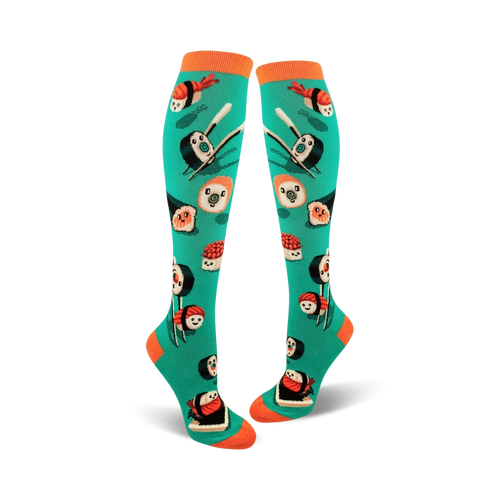 Pair of teal knee-high socks with a fun sushi print. The socks feature various types of sushi, including maki and nigiri, with orange accents.