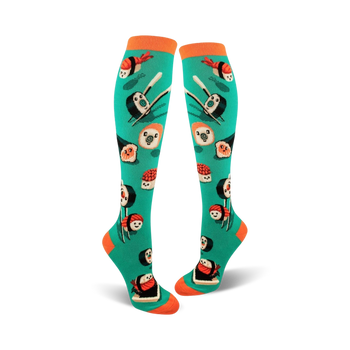 knee high silly sushi socks for women, with various sushi types on a green background.   