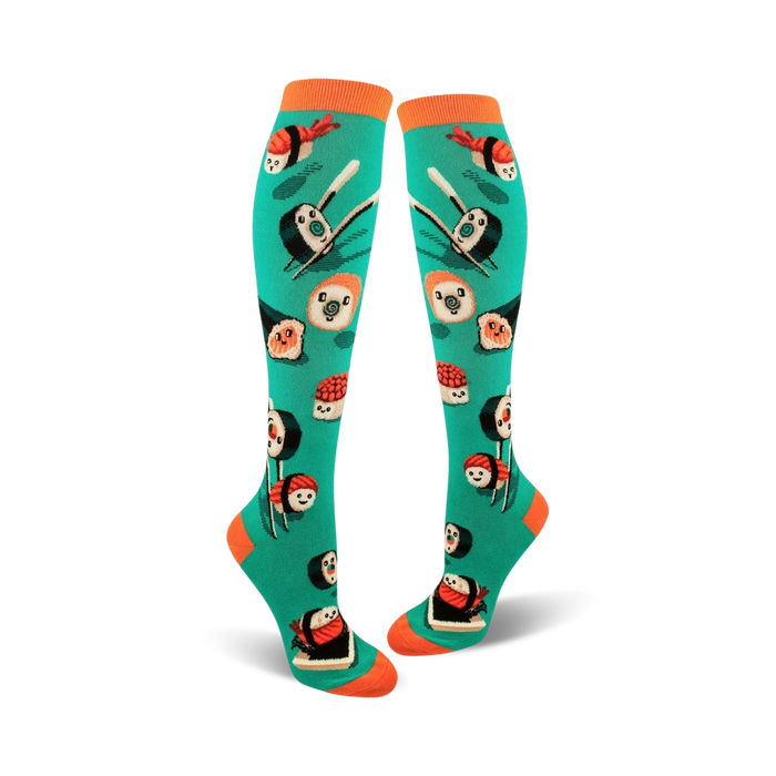knee high silly sushi socks for women, with various sushi types on a green background.    }}