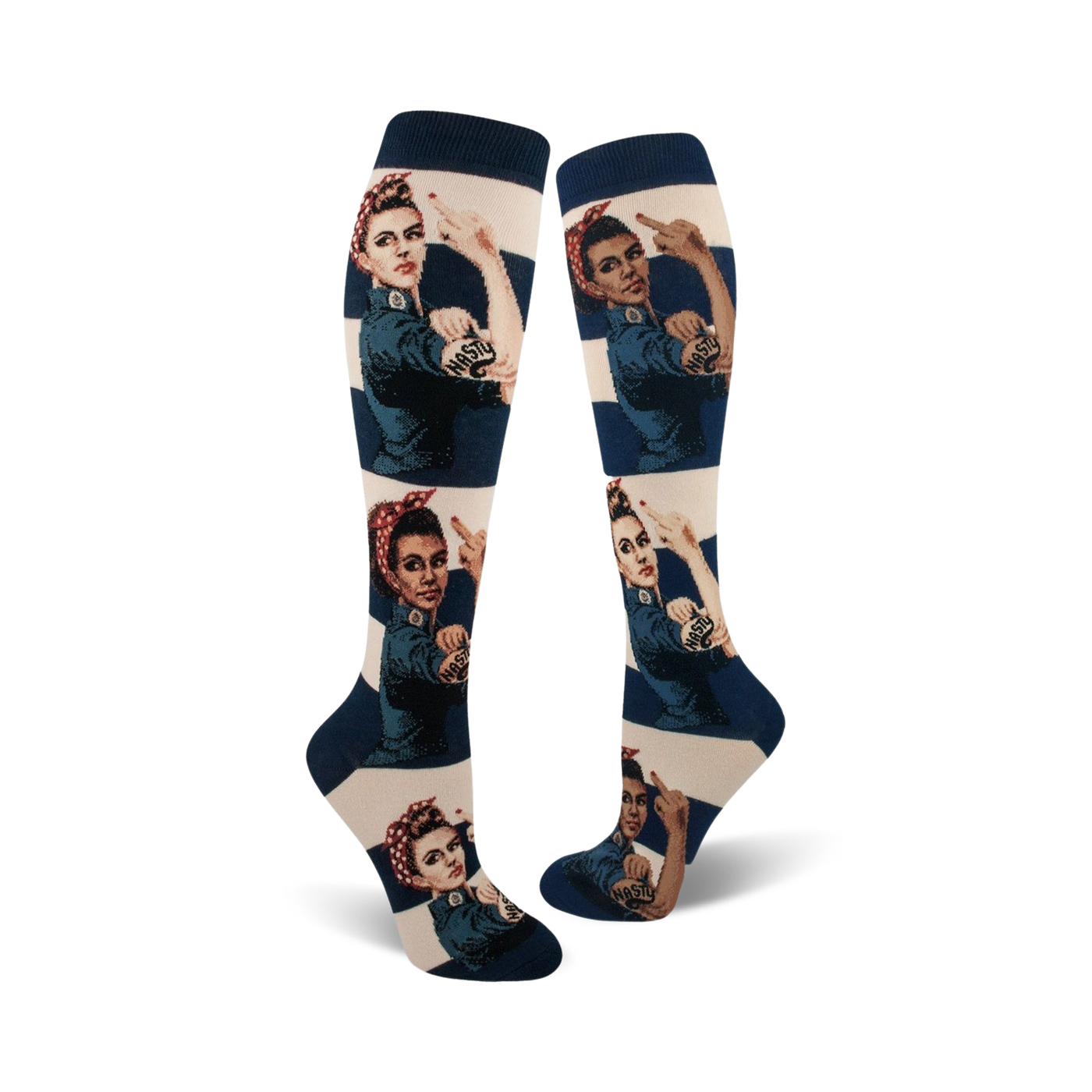 A pair of women's knee-high socks.  They're off-white with navy blue stripes and feature a repeated image of Rosie the Riveter giving the middle finger, with 'Nasty' tattooed on her arm.