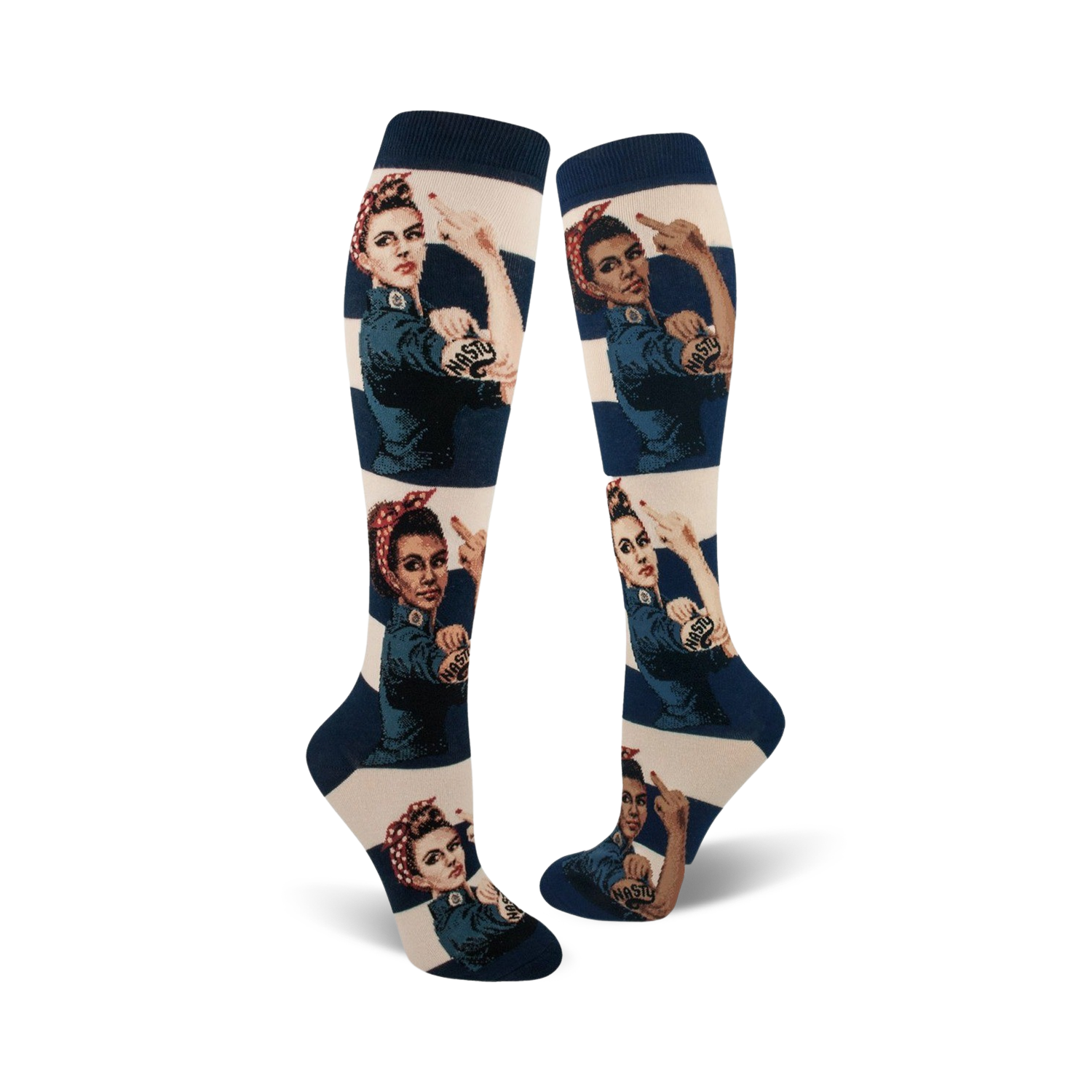 A pair of women's knee-high socks.  They're off-white with navy blue stripes and feature a repeated image of Rosie the Riveter giving the middle finger, with 'Nasty' tattooed on her arm.