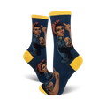 A pair of crew socks featuring Rosie the Riveter giving the middle finger.  The socks are predominantly navy blue and yellow with repeated design elements.