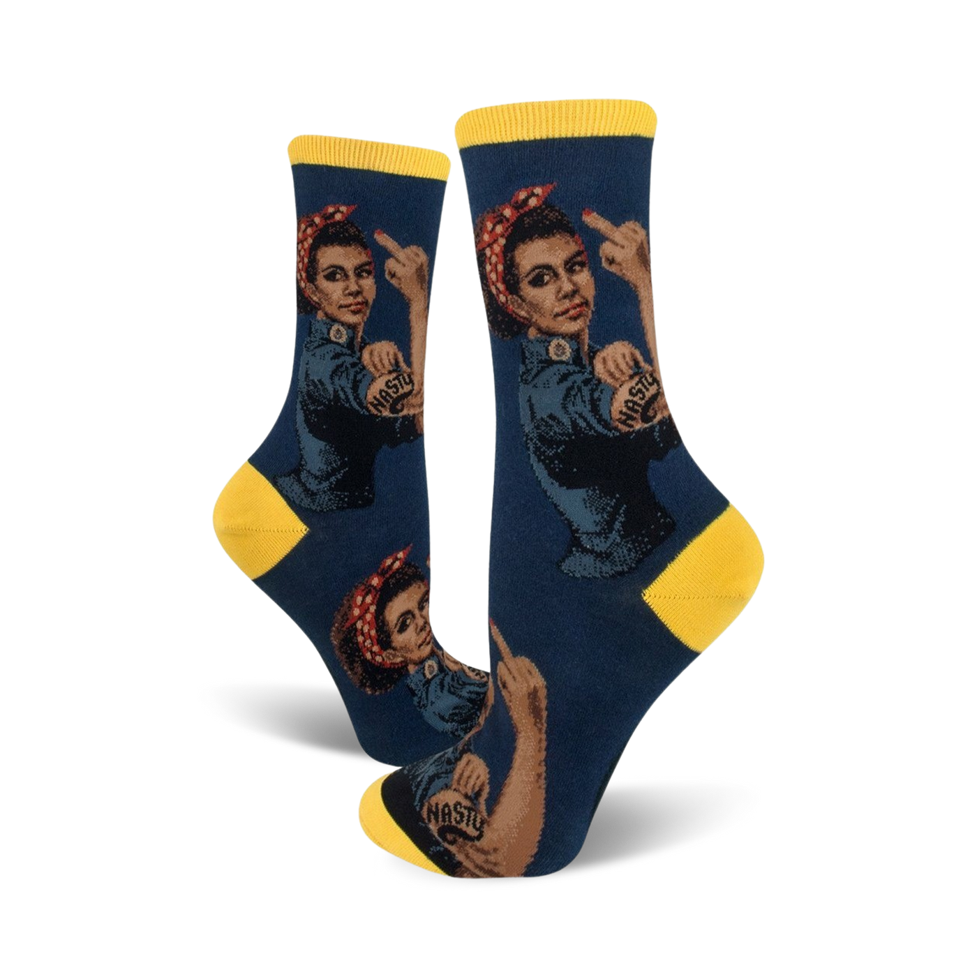 A pair of crew socks featuring Rosie the Riveter giving the middle finger.  The socks are predominantly navy blue and yellow with repeated design elements.